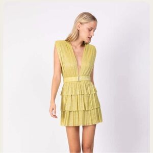 Sabina Musayev Yellow Green Ruched Ruffled Mini Dress